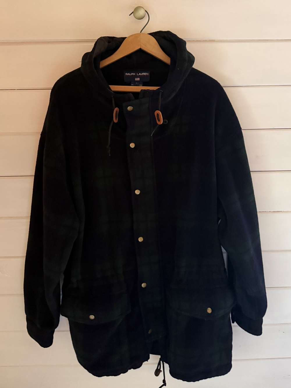Vintage RALPH LAUREN POLO SPORT Fleece Coat Blackwatch Tartan Hooded Sz LARGE